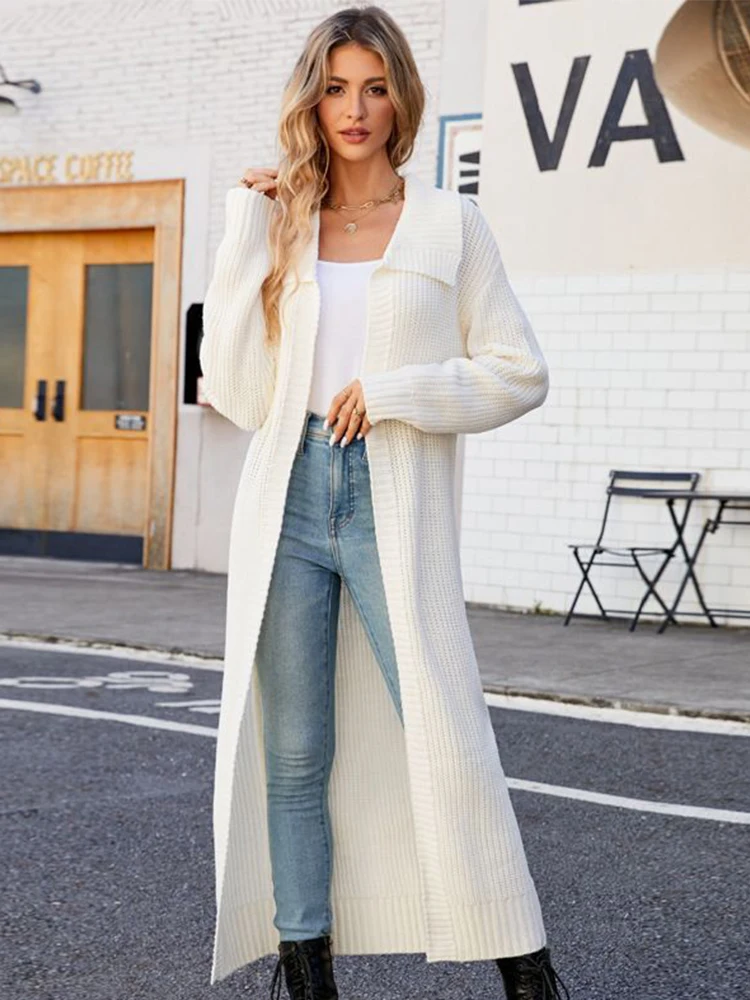 

Осенне-зимний новый длинный свитер с лацканами, вязаный кардиган, повседневный свободный свитер в ленивом стиле, пальто