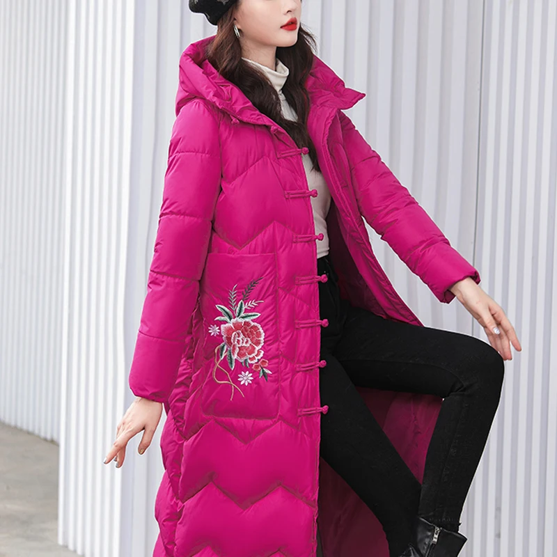 Fashion Ethnic Embroidered Down cotton Jacket Women Warm Loose Long Overcoat Windproof Hooded Parkas Thick Cotton Cheongsam Coat