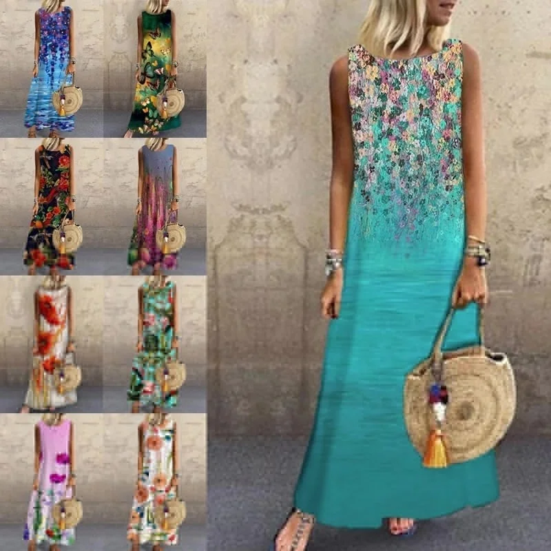 

2023 Summer Women Clothing Elegant Sleeveless Flower Print A-Line Dress Round Neck Casual Party Long New All-Match Dress