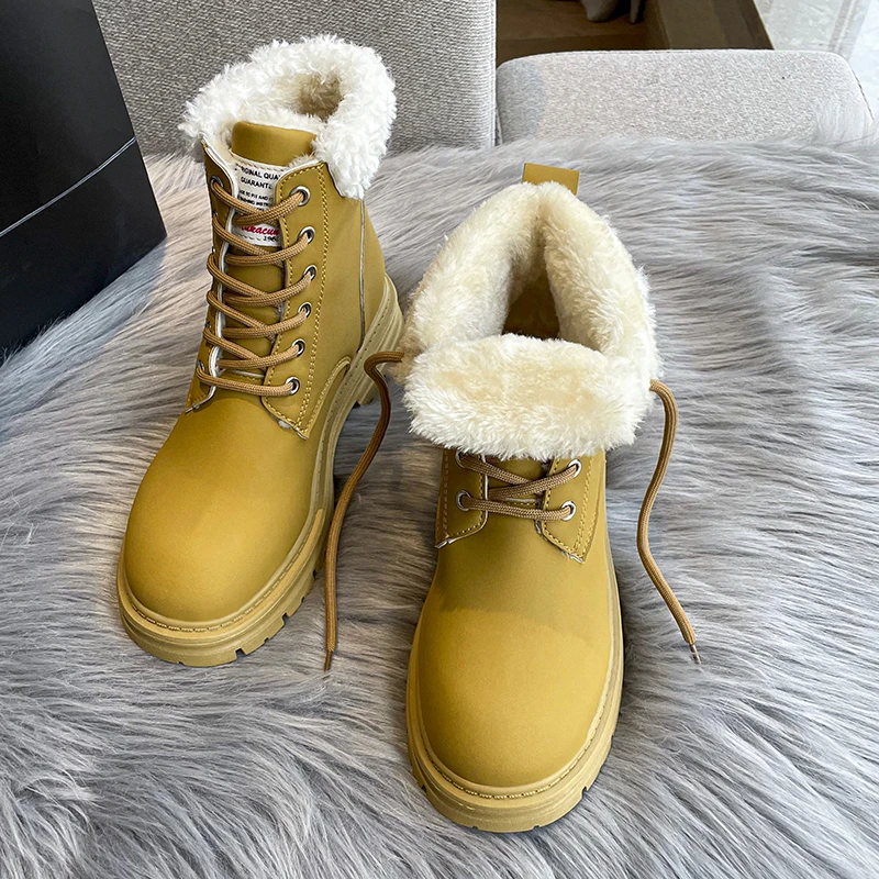 New Women's Boots Warm Plush Ladies Shoes Leather Lace Up Thick-soled Square Chunky Heel Snow Boots Ladies Mid Calf Boots