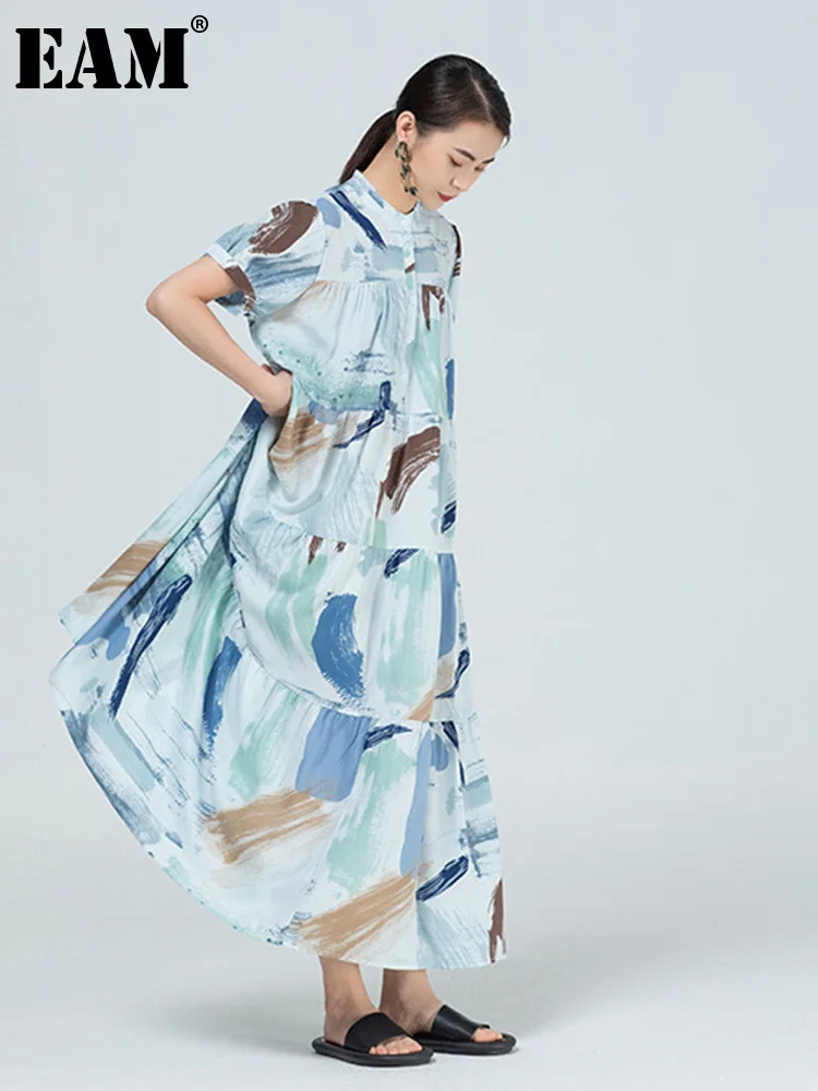 

[EAM] Women Blue Printed Big Size Long Shirt Dress New Stand Collar Short Sleeve Loose Fit Fashion Spring Summer 2023 1DE7595