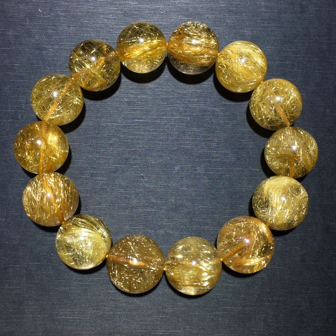 

17mm Natural Gold Rutilated Quartz Bracelet Jewelry For Women Men Gift Wealth Crystal Energy Gemstone Beads Stone Strands AAAAA