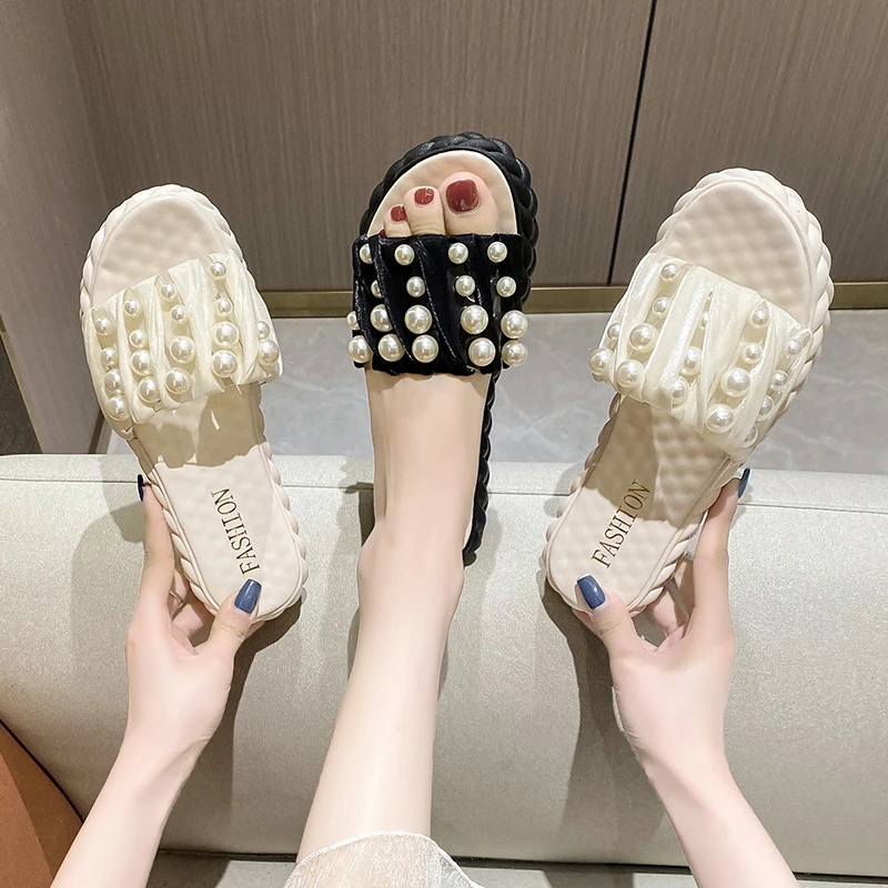 

Шлепанцы женские на плоской подошве, сланцы с бусинами, повседневная обувь из экокожи, роскошные модные базовые резиновые тапочки для обуви...