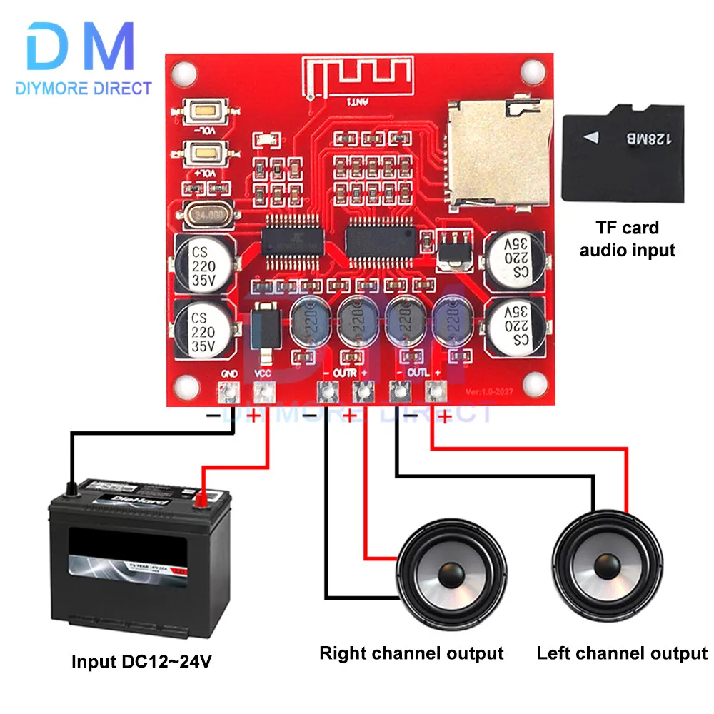 XH-A233 15W X 2 Bluetooth 4,2 плата цифрового усилителя мощности, стерео TF карта воспроизведения 12v-24v Аудио Amp