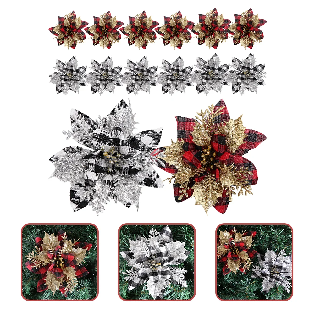 

Christmas Flowers Poinsettia Buffalo Plaid Flower Poinsettias Artificial Tree Glitter Wreath Ornamentsdecorations Picks Fake