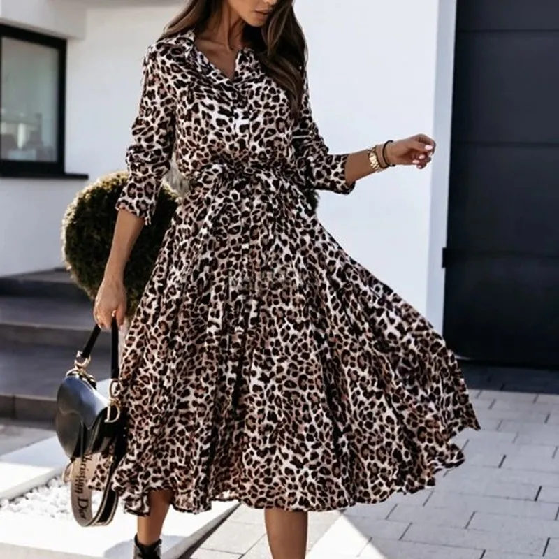 

2023 Autumn/Winter Womens Turn Down Collar Long Sleeve Leopard Print Medium Sleeve Large Swing Lace Up Elegant Sexy Style Dress