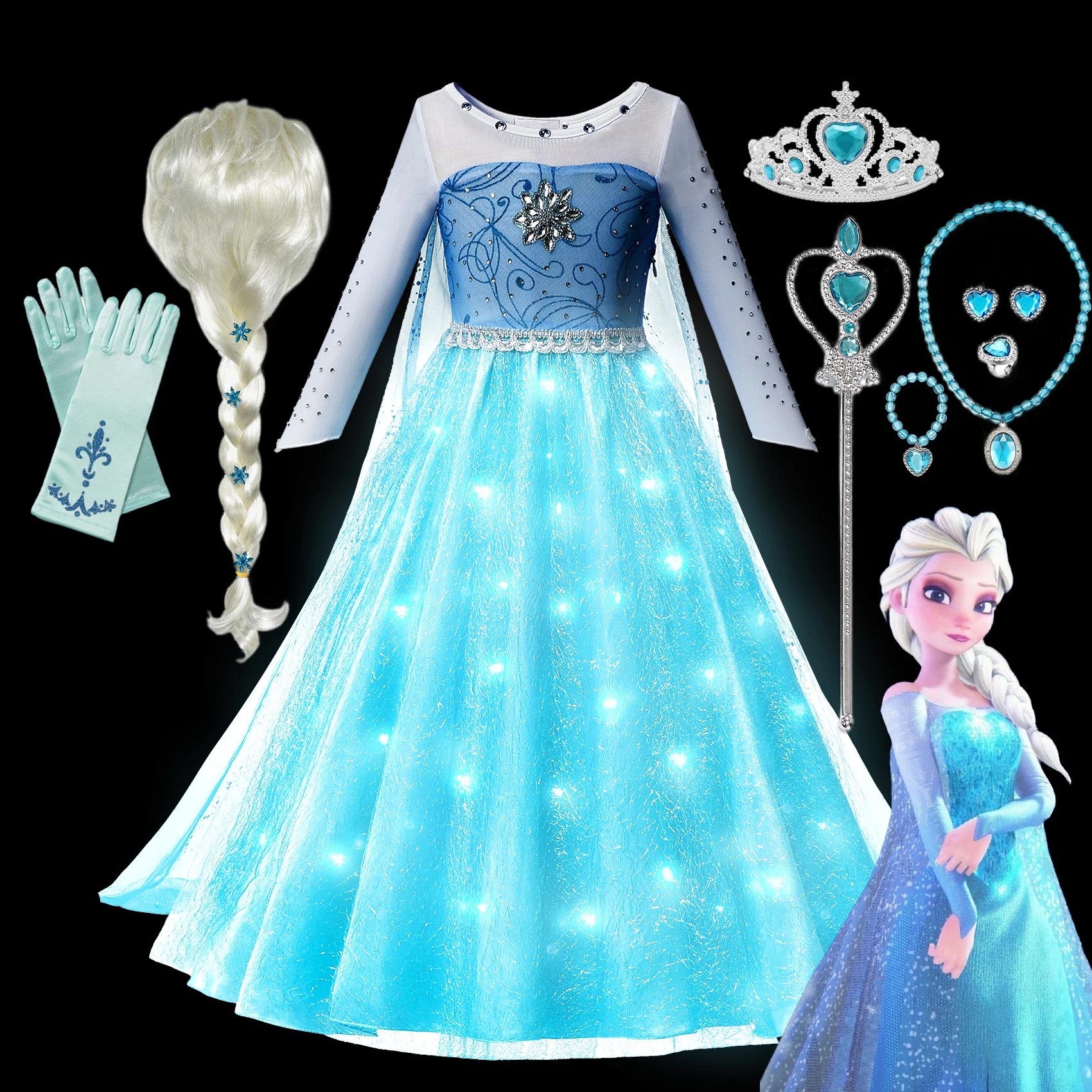 disney frozen elsa princess girls led light up dress halloween carnival clothing party kids cosplay snow queen children costume