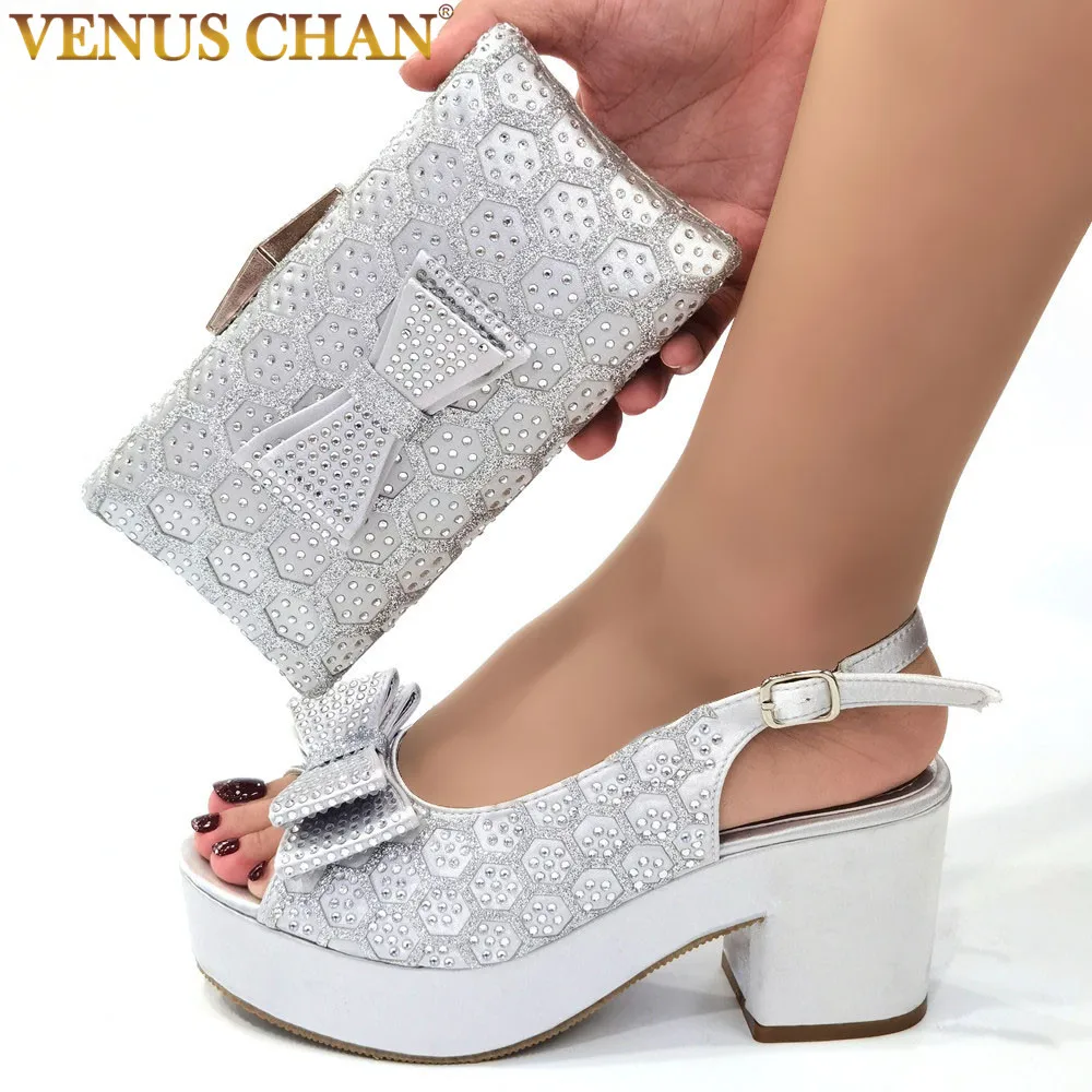 

2022 African Women's Party Shoes Fashion Platform Chunky Heel Rhinestone Sandals Wedding Bridal Comfort High Heels Shoes and Bag