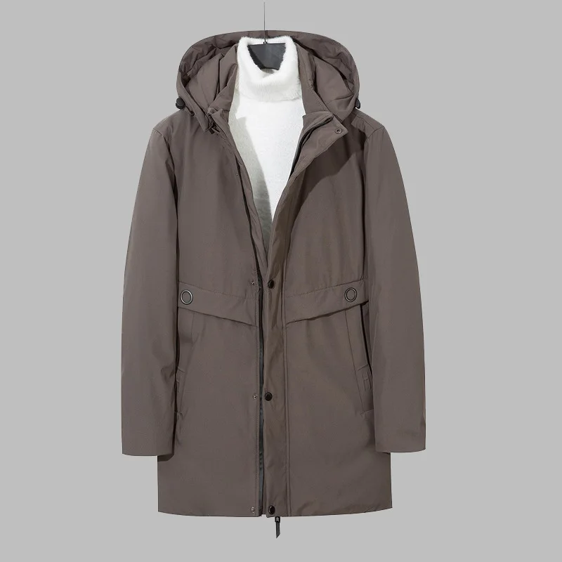 

Woolen Hooded Trench Warm Hoodie Middle Long Men's Windproof Zipper Parka Large Pocket Casual Down Jacket 1888