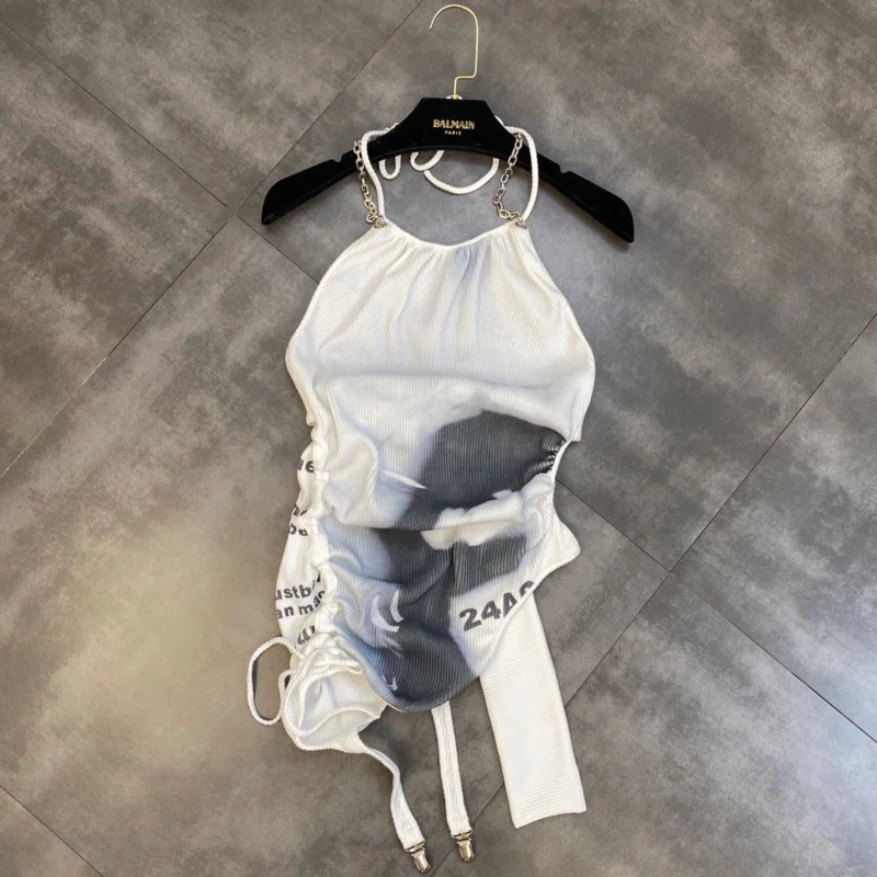 

New 2022 Design Fashion Sleeveless Lace Up Chain Halter Tie Dye Side Drawstring Tank Top Women Streetwear GC064