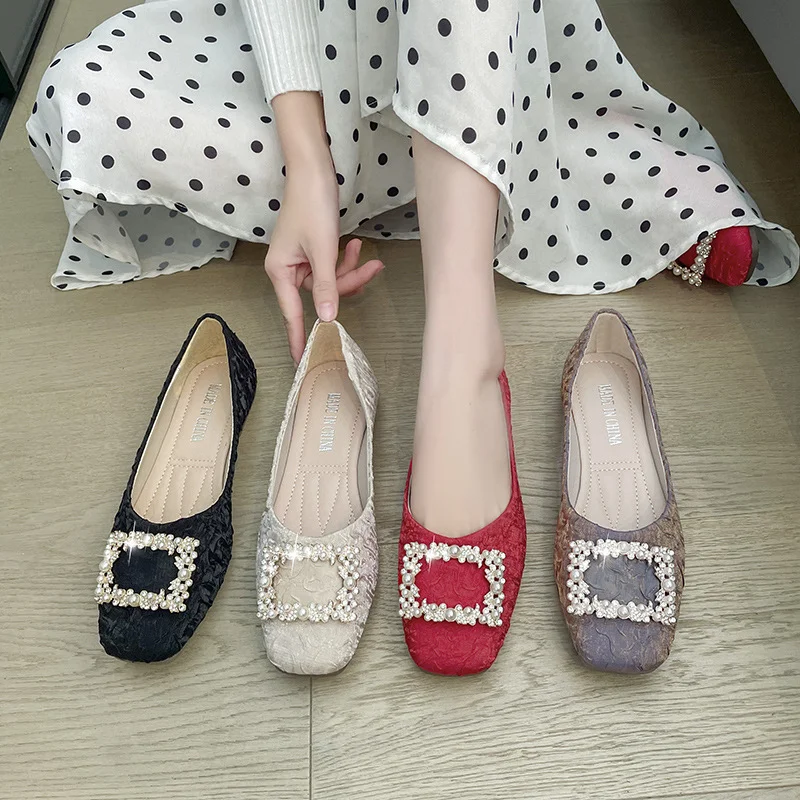 

Summer Soft Soled Women Shoes 2023 New Shallow Cut Square Toe Pearl Flat Shoes for Women Fashion Casual Shoes