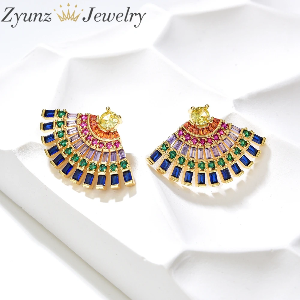

3 Pairs, Luxury Trendy Fan Flower Full Mirco Paved Rainbow Crystal Zircon Wedding Stud Earring Fashion Party Bridal Jewelry