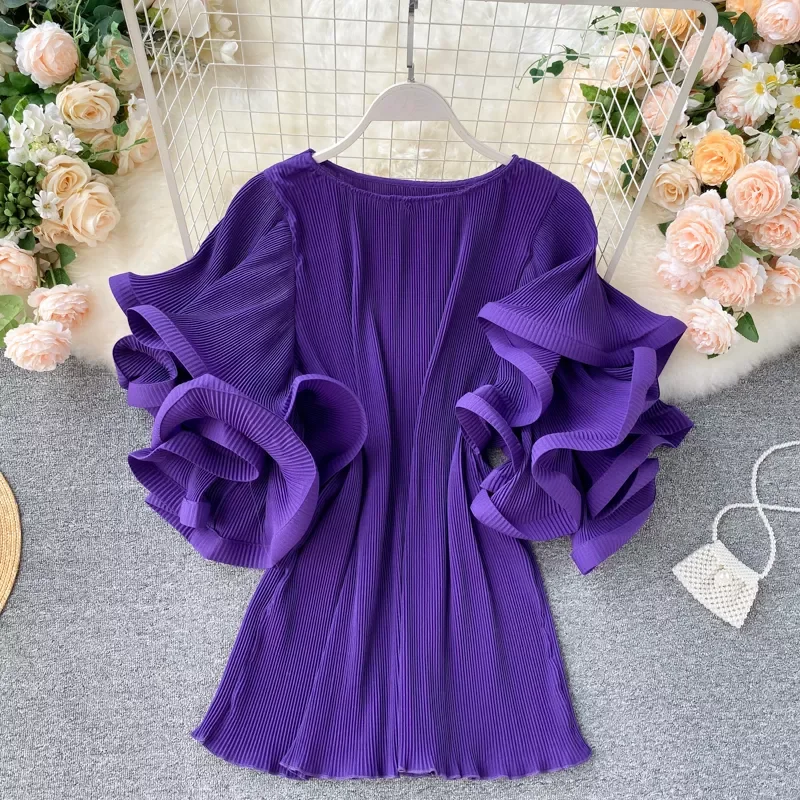 

NEW 2023 Women Blouses Korean Pleated Shirts Fashion Ruffles Y2K Tops 2022 Summer Flare Short Sleeve O-neck Blusas Feminimos