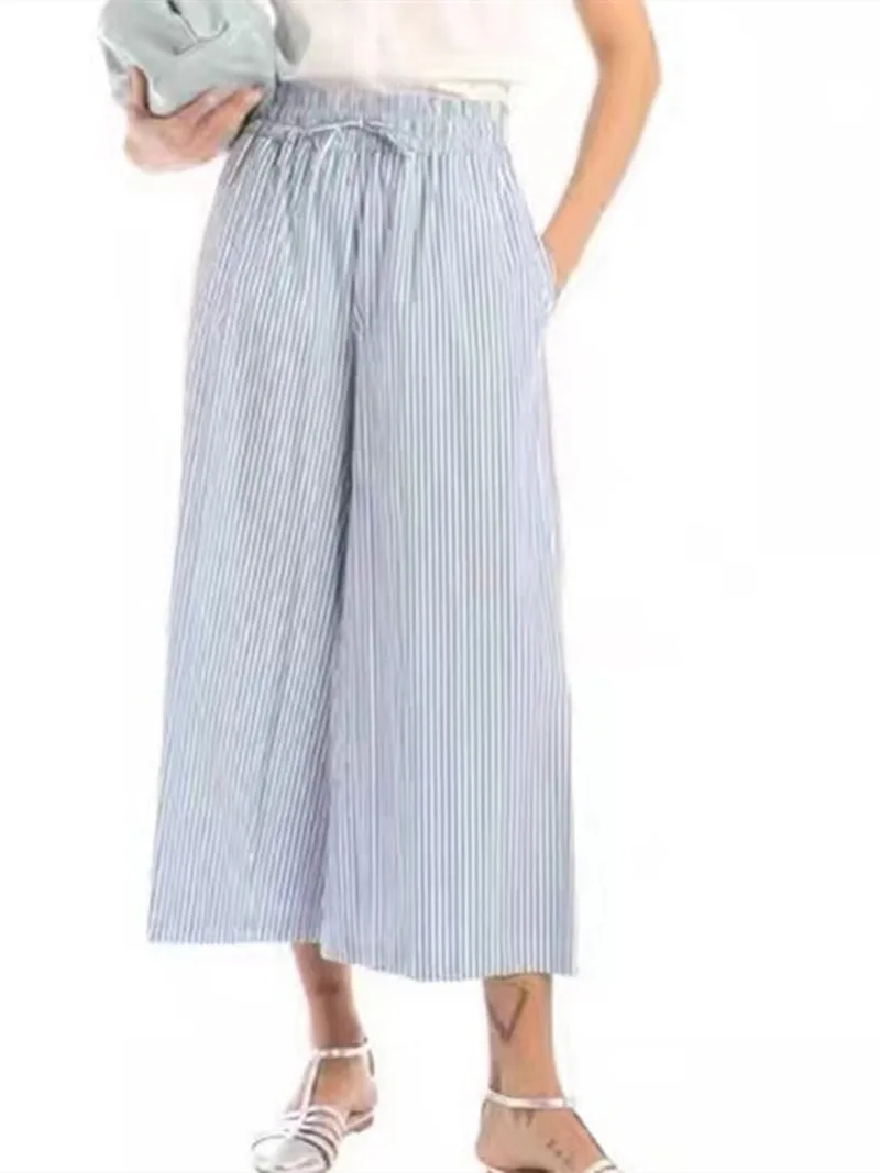 2022 Summer New Women's Striped Lace-Up Wide-Leg Pants Female Cotton Casual Elastic Waist Straight High Waist Ankle-Length Pants