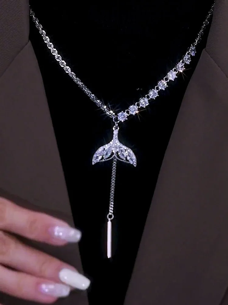 

Beautiful Simple New Necklace For Women Korean Style 2022 New Trendy Shinning Fish Tail Zirconia Long Necklace