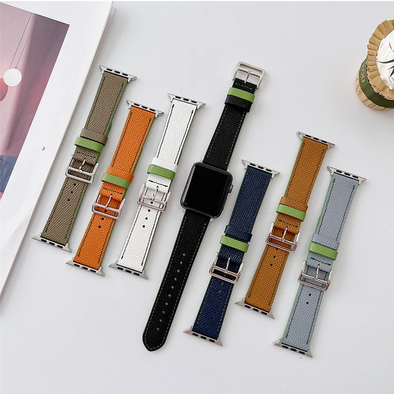

Luxury Fingerprint Pattern Contrast Color Leather Watch Band for Apple Watch 7 6 5 4 SE 3 2 Fashion Wrist Strap for iWatch 41 45