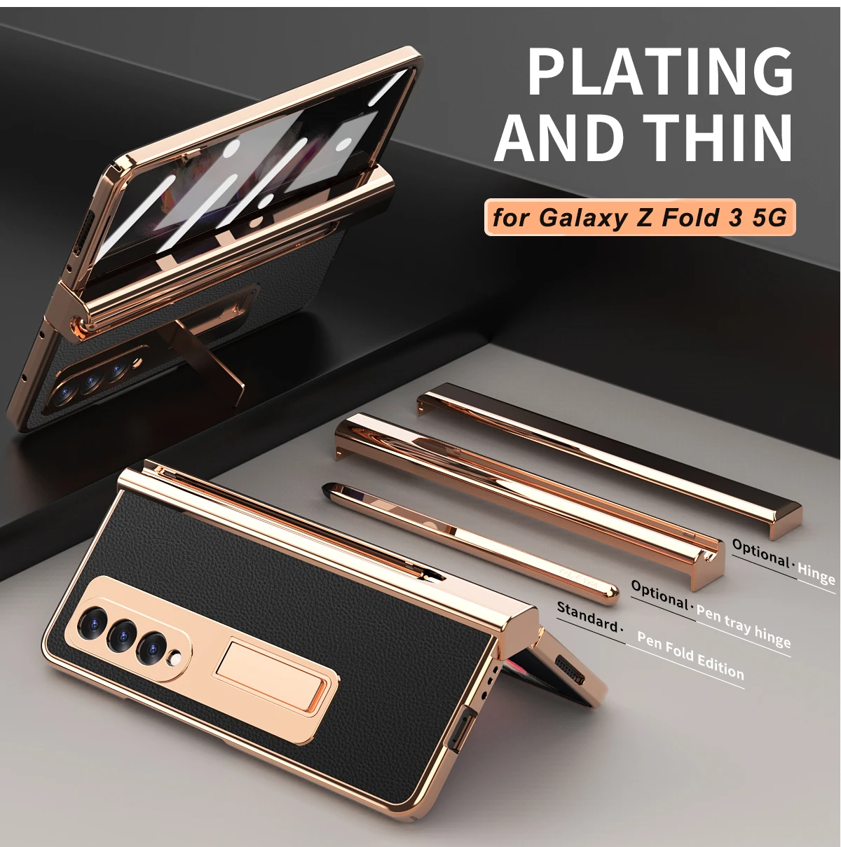 

Luxury Leather Plating Hinge Case Pen Slot for Samsung Galaxy Z Fold 3 5G Case with Pen Magnetic Bracket for Samsung Fold3 Case