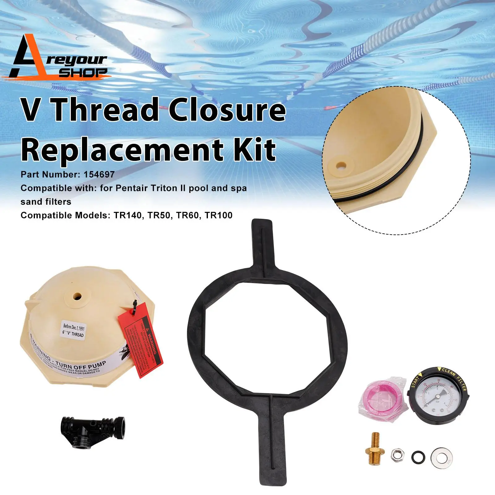 Фото Areyourshop 154697 Tan V Thread Closure заменяет песочный фильтр Triton II для бассейнов и спа Pentair. №1