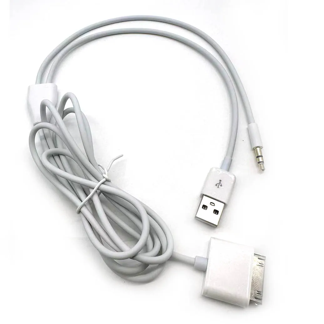 Фото 1 шт., 30-контактный кабель для зарядки USB с разъемом 3,5 мм для автомобиля, для iPhone 4/4S, iPod Nano/Touch, iPad 2/3, черный/белый №2