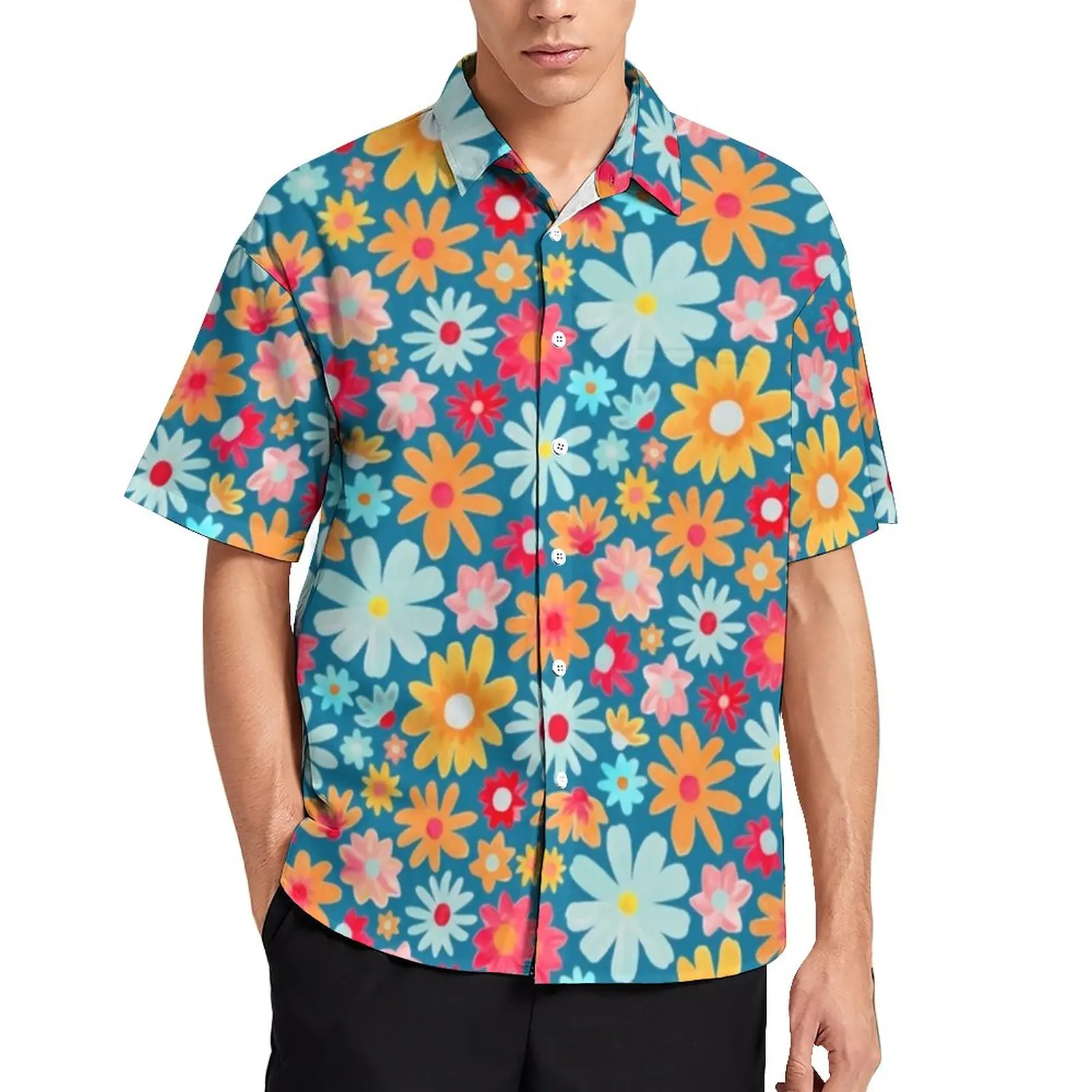 

Hippy Flower Print Casual Shirt Daisy Meadow Beach Loose Shirt Hawaiian Fashion Blouses Short Sleeve Graphic Oversized Tops