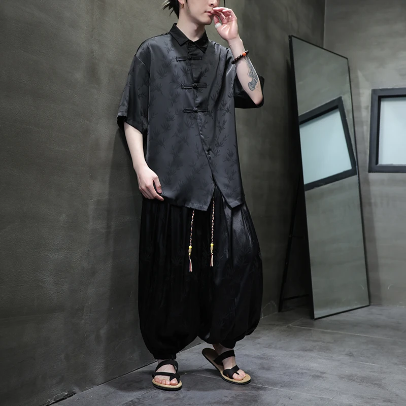 Мужская летняя жаккардовая винтажная свободная повседневная рубашка с коротким