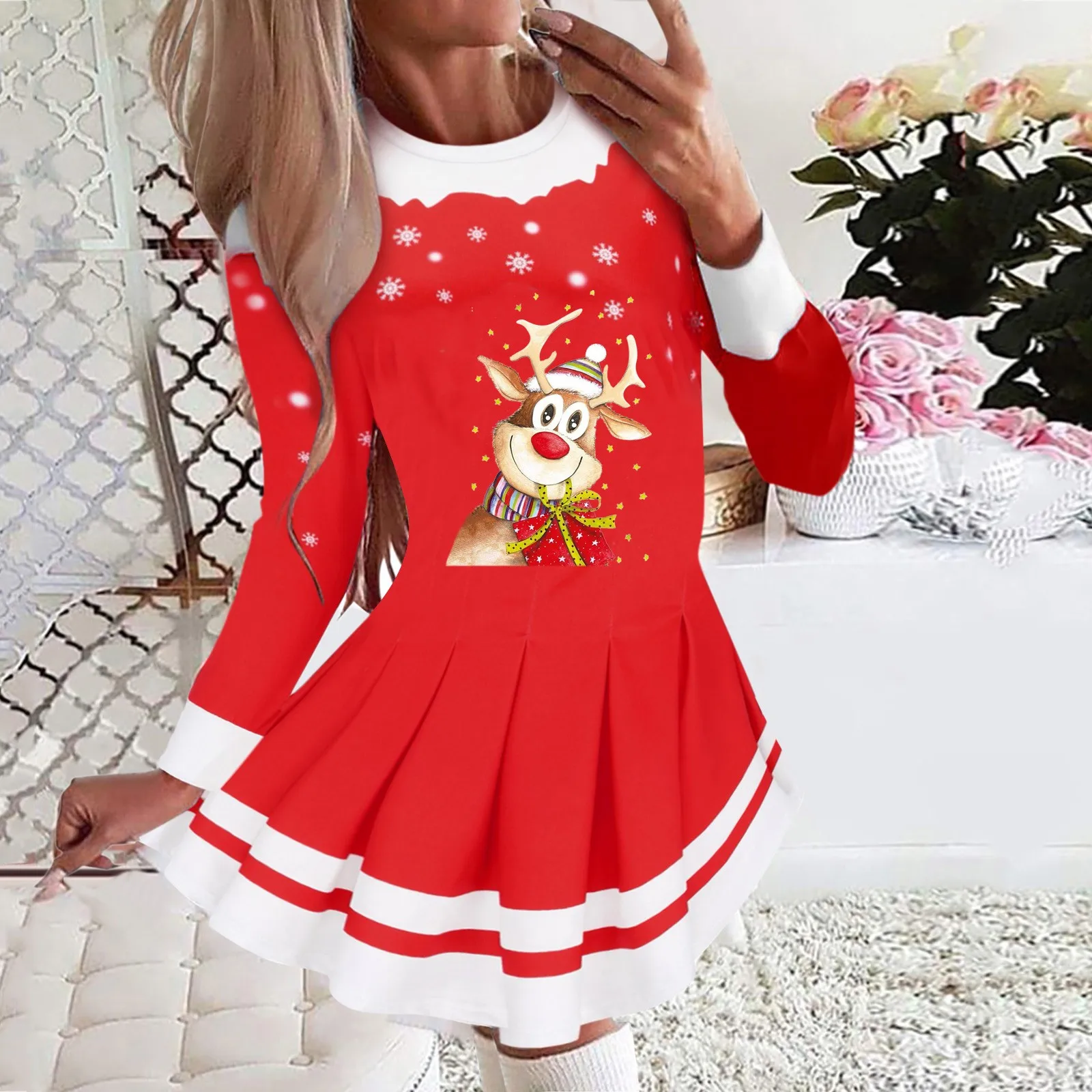 

Women Fashion Casual Christmas Print Long Sleeve Round Neck Dress Ladies Party Dress 100 Cotton Dress Summer Dresses for Womens