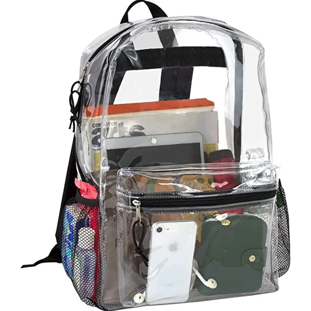 Black Clear Backpack With Reinforced Straps & Front Accessory Pocket - Perfect for School, Security, & Sporting Events by
