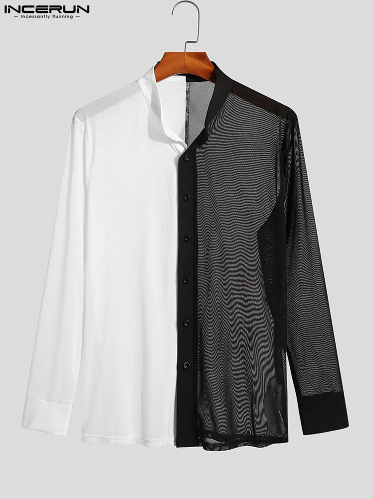 INCERUN Tops 2022 Handsome Well Fitting Men Black&White Mesh Stitching Blouse Casual Male Long-sleeved Stretch Thin Shirts S-5XL