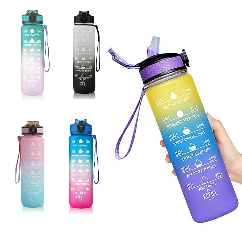 

Портативная Спортивная бутылка для воды с соломинкой, с маркером времени, пластиковая вместительная Мотивационная чашка для питья для трен...