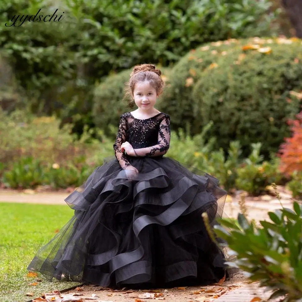 

Elegant Black Long Sleeves Flower Girl Dresses For Wedding 2023 Princess Puff Tulle Appiliques Scoop Neck First Communion Gowns