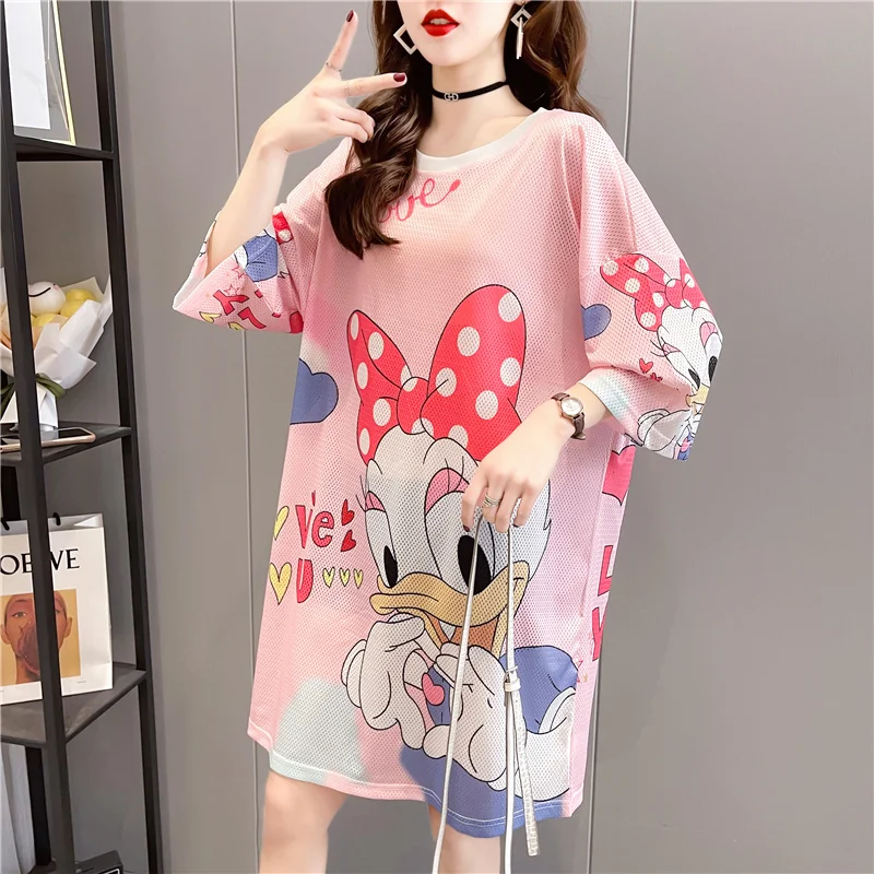 

Disney Daisy Duck Women Pink Mesh Tshirt Female See Through Tops Half Sleeve Transparent Cute Kawaii T-shirts Woman Summer 2022
