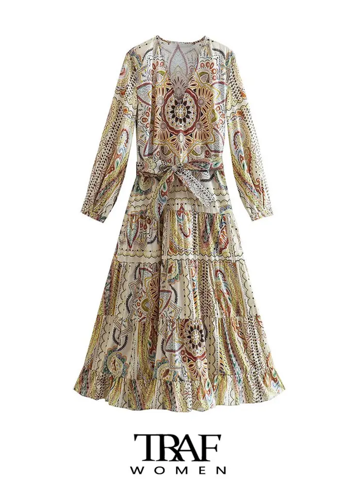 

TRAF Women Fashion With Belt Printed Ruffled Midi Dress Vintage V Neck Long Sleeve Female Dresses Vestidos Mujer