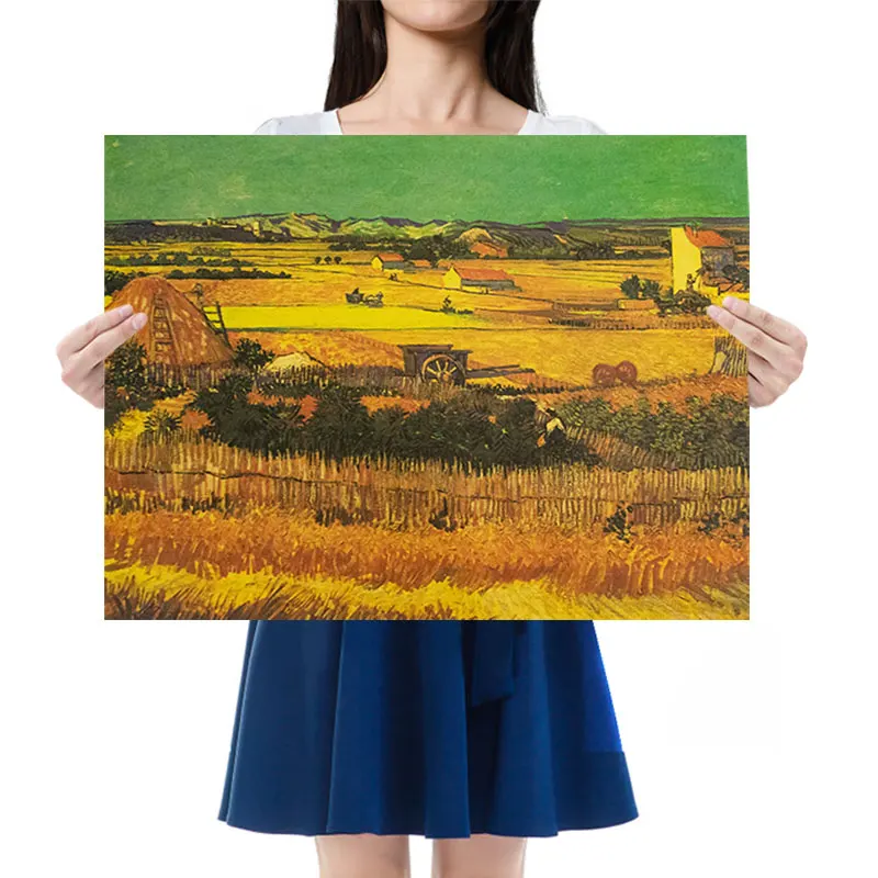 

Classic Art Posters Van Gogh Oil Painting Bumper Harvest Home Decor Painting Retro Kraft Paper Poster Bar Glueless Wall Stickers