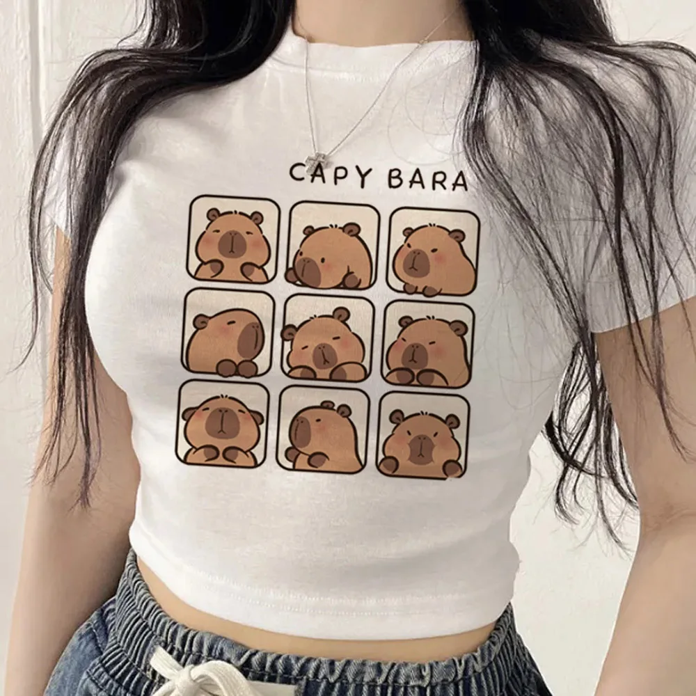 Фото Женский укороченный топ Capybara Kapibara в стиле Y2K, милый, гранж, джойфуку, корейская мода, с принтом мемов, японский альтернативный стиль, для дерзких девушек №2