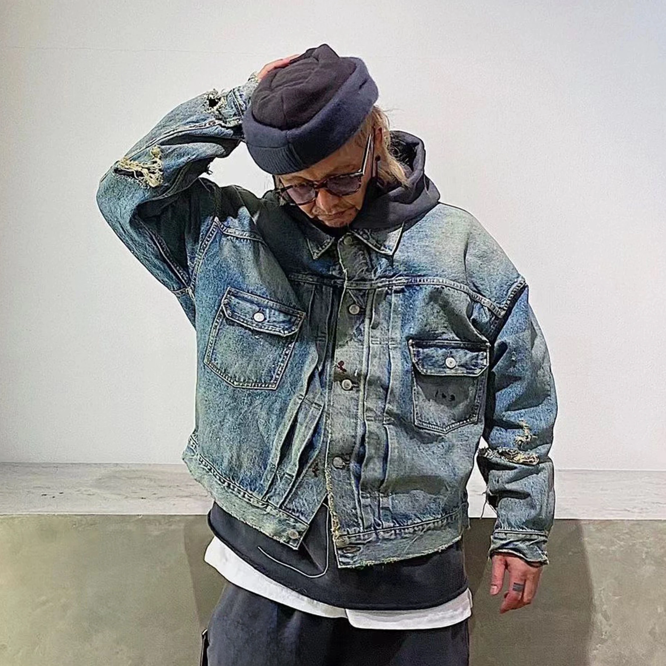 NIGO Мужская весенне-осенняя потертая синяя винтажная свободная джинсовая куртка