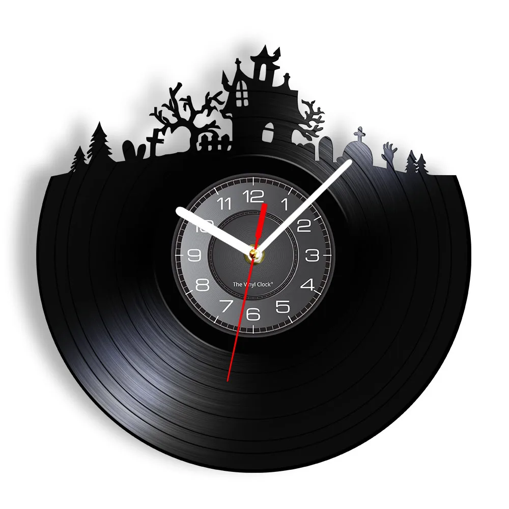 Happy Halloween Night Wall Decorative Vinyl Record Wall Clock Skull Skeleton & Ghost Vintage Clock Horror Decoration Wall Watch