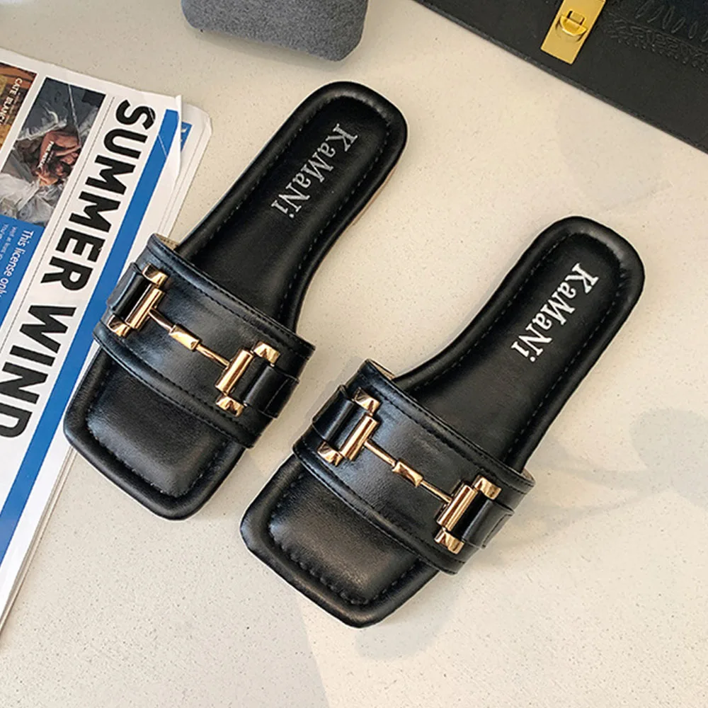 

luxurious horsebit slippers beach sandals and slippers women wear flat bottom lazy one word slippers women