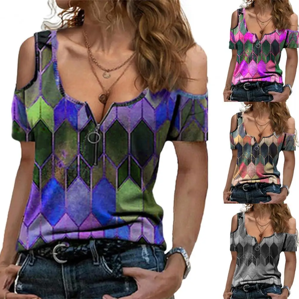 

Fashion Blouse Geometric Print Women Short Sleeve Geometric Cold Shoulder T-shirt Women T-shirt Summer T-shirt