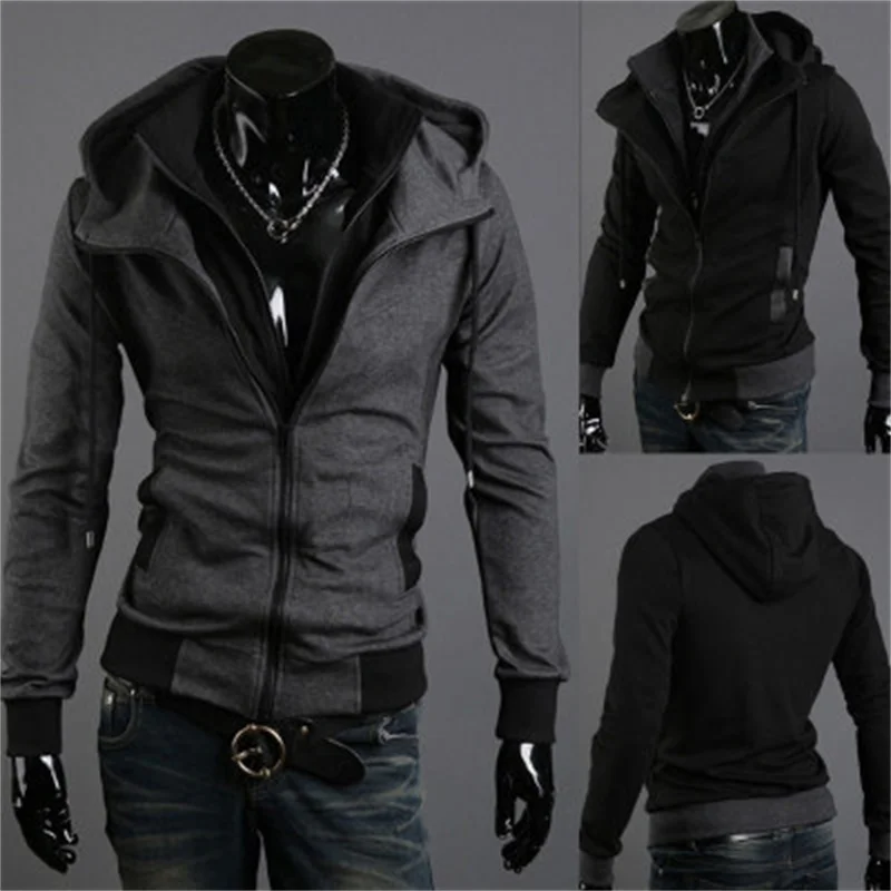 Double Zipper Personality Fake Two Student Hoodies For Men Slim Skinny Brushed Sweater Coat Color Contrast Fashion