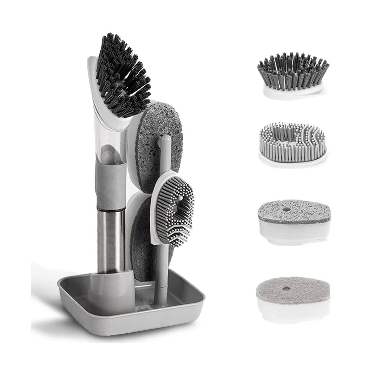 

Щетка для мытья посуды, набор щеток для дозирования мыла и 4 сменных держателя для хранения посуды, кастрюли, сковородок, раковины, серый цвет