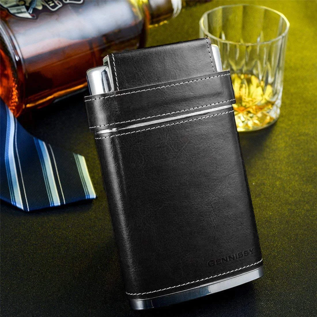 GENNISSY 8OZ Hip Flasks Stainless Steel Leather Whiskey Wine Pot Men Outdoor Portable Pockets Flask With 3 Cups and Funnel Gift