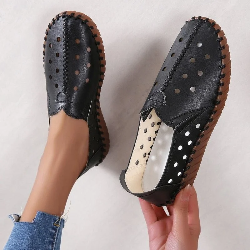 White Black Hollowed Moccasins for Women Genuine Leather Flats Breathable Loafers Shoes Women's Soft Casual Flat Shoes