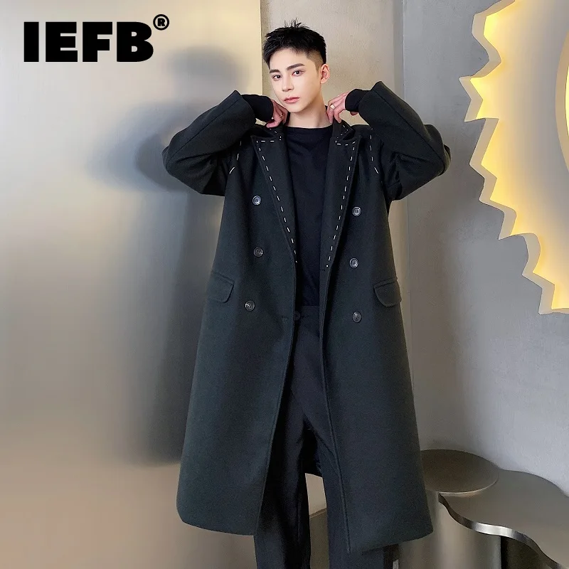 

IEFB Niche Design Darkwear Trench Woolen Coat Men's Bright Line Double Breasted Turn-down Collar Long Overcoat New 2023 9A6364