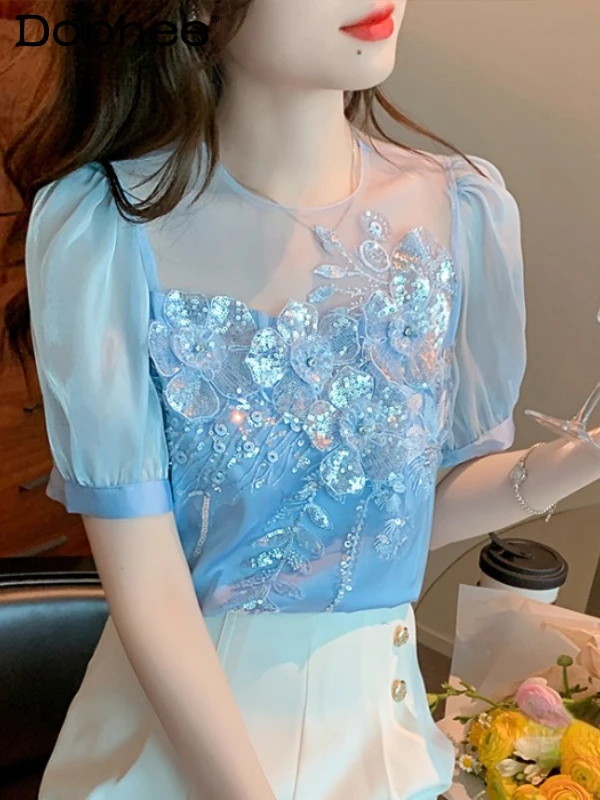 

Sequined Diamonds Short-Sleeved Top Femme 2023 Summer Korean Style Loose Lace Embroidery Solid Color Chiffon Blouses Blusas