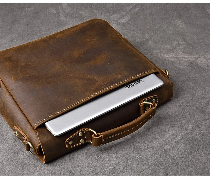 Business vintage crazy horse cowhide men's briefcase luxury genuine leather handbag lawyer office laptop shoulder messenger bag