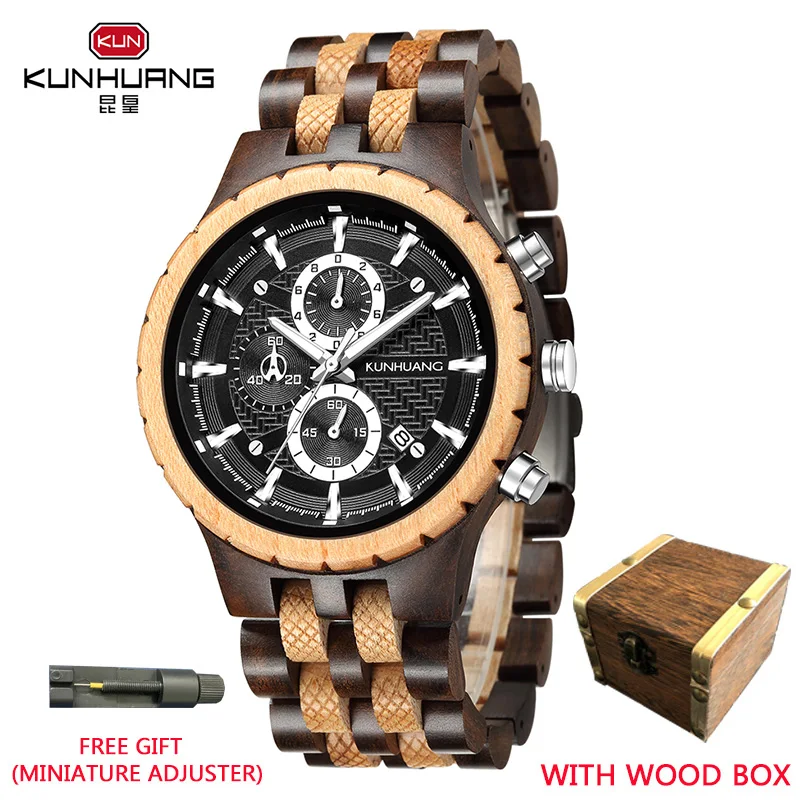 

KUNHUANG Natural Zebra Wood Wooden Watch Top Luxury Mens Watch Multifunctional Quartz Watch Wood Clock Gift Box Orologio da uomo