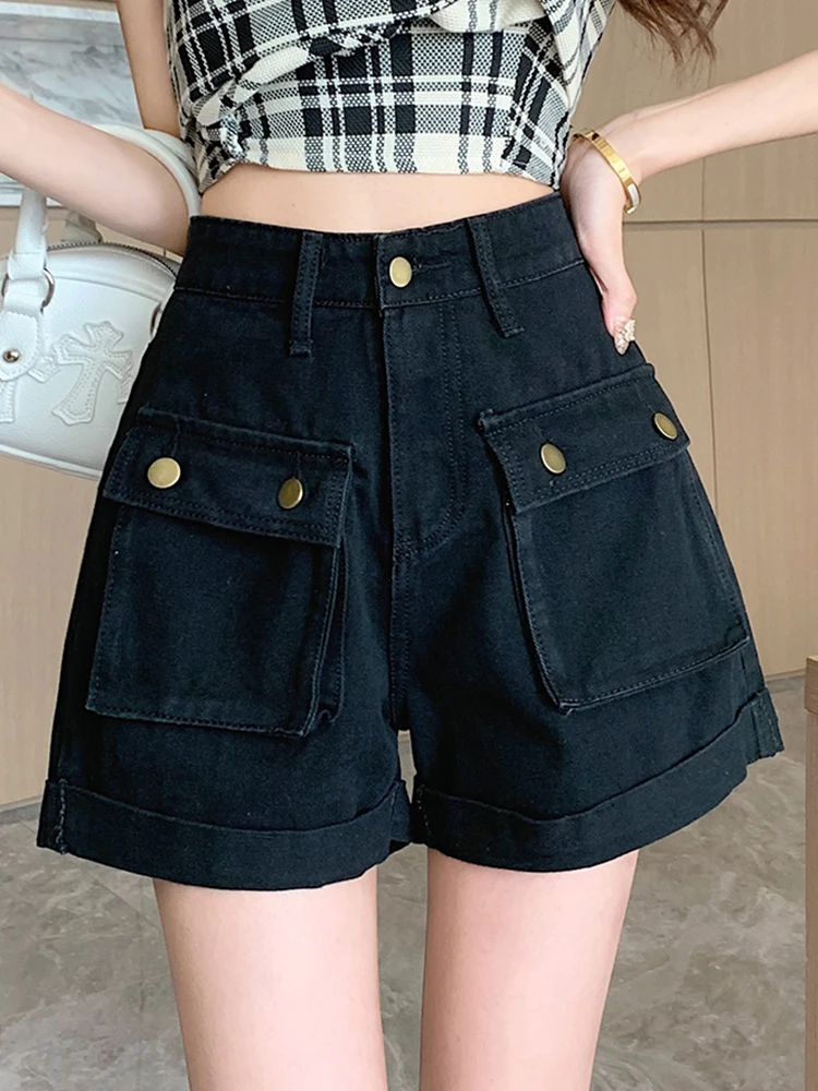 New Summer Women Fashion Big Pockets Wide Leg Denim Shorts Lady Casual Vintage High Waist Straight Jean Shorts