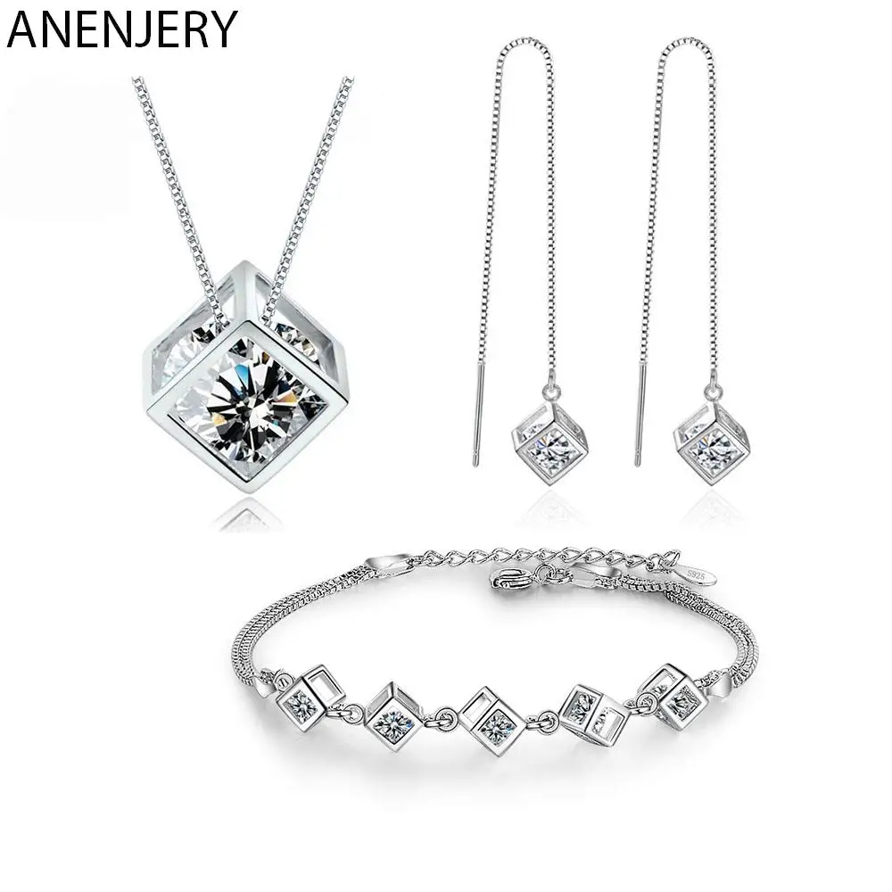 Женские блестящие серьги ANENJERY серебряного цвета квадратные из циркония браслет