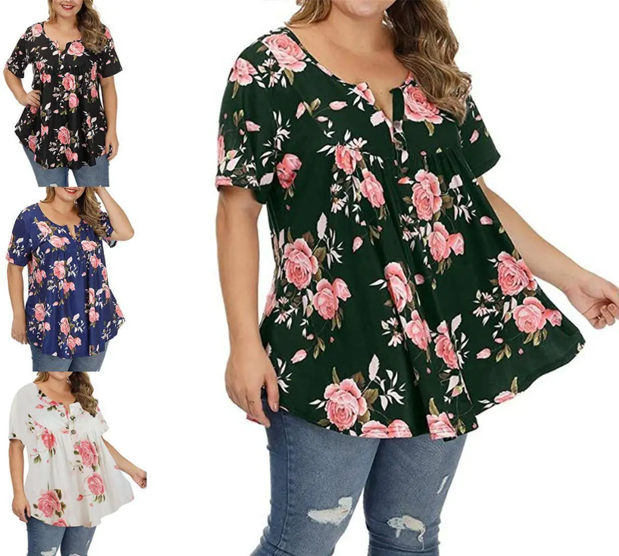 

2023 Summer New Women's Short Sleeve Top V-Neck Button Print T-shirt