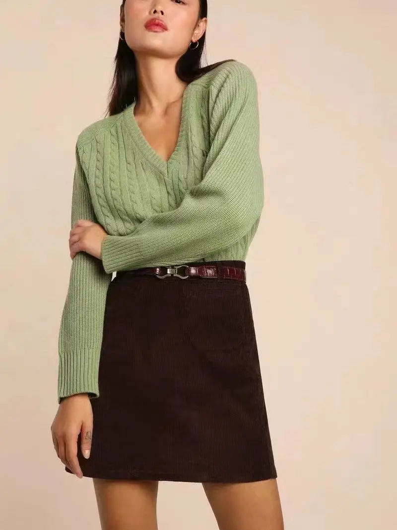 

Женский трикотажный свитер с вышивкой, зеленый однотонный вязаный джемпер с длинным рукавом и V-образным вырезом, теплый пуловер из смеси шерсти, новинка 2022
